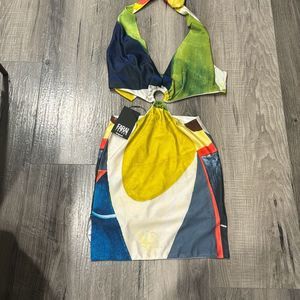 NWT Farai London Womens Gaia Multi-Colored Halter O Ring Mini Dress Size XS